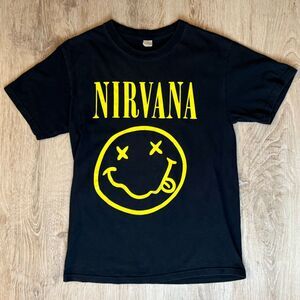 Vtg Mexico Boot Nirvana Smiley Face Logo T-Shirt Black Yellow Grunge Rock Tee